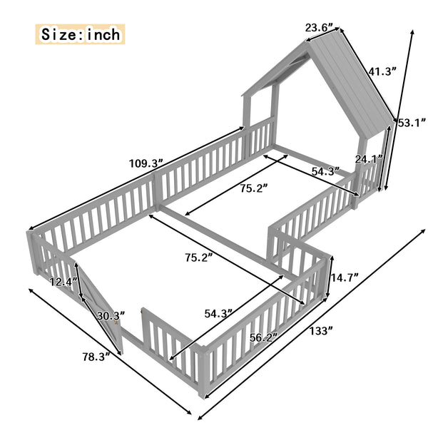 English Elm Full House Floor Bed with Door and Guardrails for Kids, Solid Wood Double Full, Safe Play Nook Grey W1580P354640