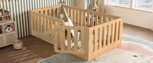 English Elm Twin Solid Pine Montessori Floor Bed with House Frame Door and Safety Fence Natural W5305P420633