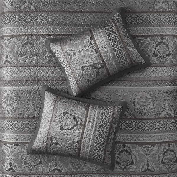 JLA Home Madison Park - 5 Reversible Jacquard Bedspread Set with Quilted Polyester, Brown Gold Leaf Motifs & Embroidered Pillows 118 L x 102 W x 0.25H MP13-8782