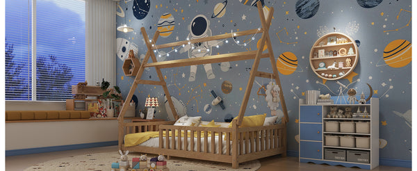 English Elm Twin House Bed with Roof and Guardrails, Low Floor Kids Playhouse Bed with Tent and Lights, Cozy Design Natural 80.91 L x 15.55 W x 6.5 H W2593P296911