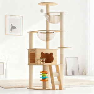 English Elm 59" Modern Wood Cat Tower with Sisal Posts Acrylic Hammock and Elevated Perch W3101P383595