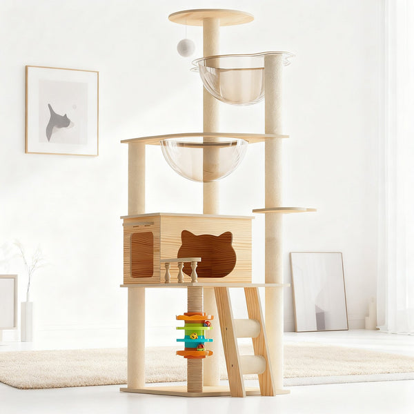 English Elm 59" Modern Wood Cat Tower with Sisal Posts Acrylic Hammock and Elevated Perch W3101P383595