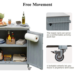 English Elm K&k Rolling Outdoor Kitchen Island Solid Fir Wood Stainless Steel Top Storage Cabinet Grey+Blue N707P370287G