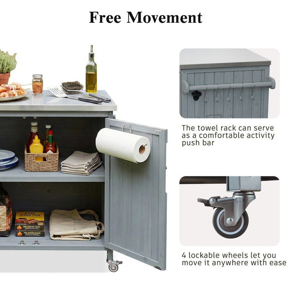 English Elm K&k Rolling Outdoor Kitchen Island Solid Fir Wood Stainless Steel Top Storage Cabinet Grey+Blue N707P370287G
