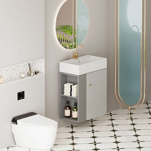 English Elm 21.6" Floating Bathroom Vanity with Ceramic Sink Open Shelving and Soft Close Storage W1573S00092