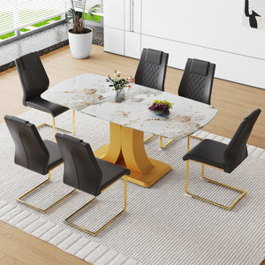 English Elm Table And Chair Set - Luxurious 71" Pandora Glass Dining Table With Golden C-Shaped Legs & 6 Pu Chairs W1151S03225-GIGA