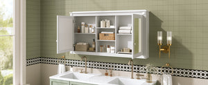 English Elm 55 Inch Wall Mount Medicine Cabinet Dual Mirrored Doors Soft Close Bathroom Vanity Storage White N710P401342K
