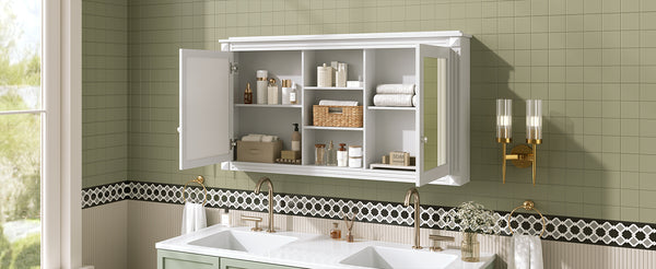 English Elm 55 Inch Wall Mount Medicine Cabinet Dual Mirrored Doors Soft Close Bathroom Vanity Storage White N710P401342K