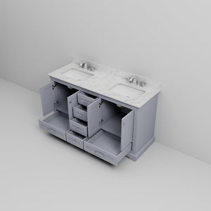 English Elm Dark Grey Double Bath Vanity 60 in W x 22 in D with Carrara Marble Top, Soft-Close Drawers & Faucet Set B2731P258375