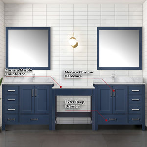 English Elm Navy Blue Double Bath Vanity 102" W With Carrara Marble Top, Chrome Faucets, & Stylish Mirrors Set B2731S01229