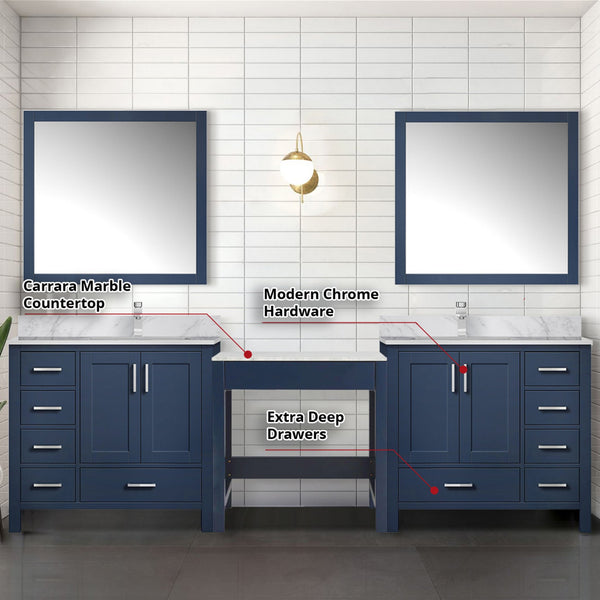 English Elm Navy Blue Double Bath Vanity 102" W With Carrara Marble Top, Chrome Faucets, & Stylish Mirrors Set B2731S01229