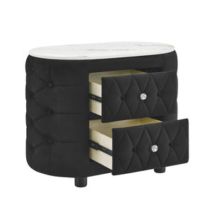 English Elm 1pc Black Velvet Nightstand with White Faux Marble Top, Button Tufted Oval Design, 2 Drawers, Crystal Pulls B2741P318961