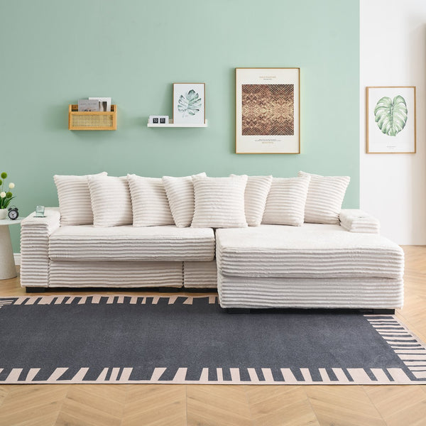 English Elm 111.4 Inch Corduroy L-shaped Sectional Sofa with Cup Holder and Reversible Recliner Beige W1658P263413