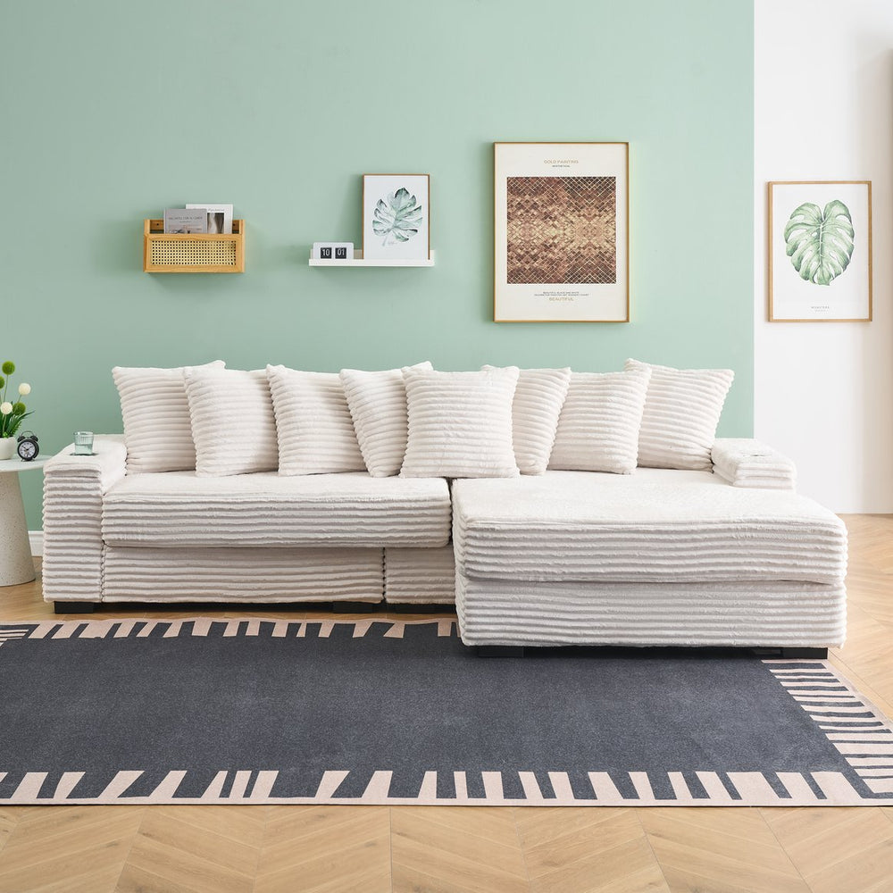 English Elm 111.4-inch Corduroy Sectional Sofa with Storage Armrests and Reversible Chaise Lounge W1658P263410