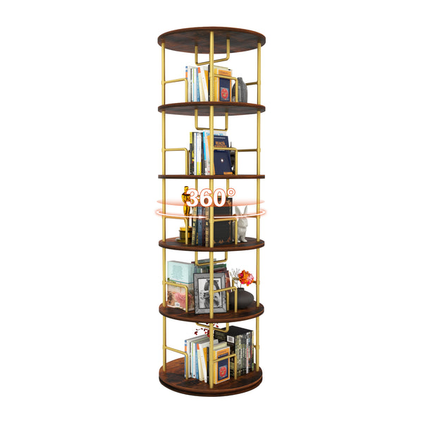 English Elm 5 Tier Rotating Bookshelf Tower with 360° Spin, Space-Saving Corner Display, Modern MDF Storage Unit Golden W3204P354235