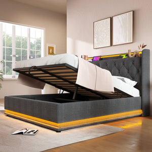 English Elm Queen Upholstered Bed with Surround LED, App/Remote Control, Hydraulic Storage, USB Type-C Charging Gray N736P188807G