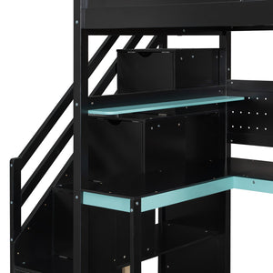 English Elm Full Size Gaming Loft Bed with Led Lighting Desk Shelves and Usb Charging Ports N820S00070C