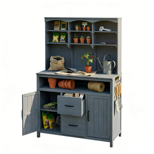 English Elm (with Hutch) Topmax Solid Fir Outdoor Potting Bench Station Cabinets Drawers Patio Garden Gray N717P404332E