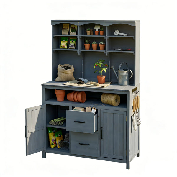 English Elm (with Hutch) Topmax Solid Fir Outdoor Potting Bench Station Cabinets Drawers Patio Garden Gray N717P404332E