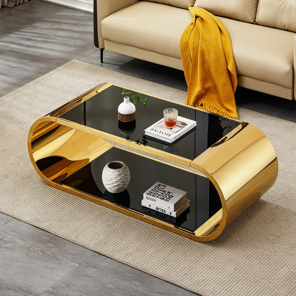 English Elm 57" Gold Stainless Oval Coffee Table with Black Tempered Glass, 2-Tier Storage, Modern Chic Design W3456S00027