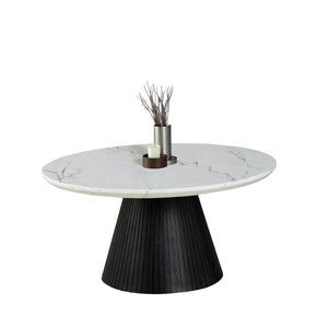 English Elm Contemporary Round Cocktail Table With Faux Marble Top & Black Reeded Drum Base For Modern Living B2741S00615