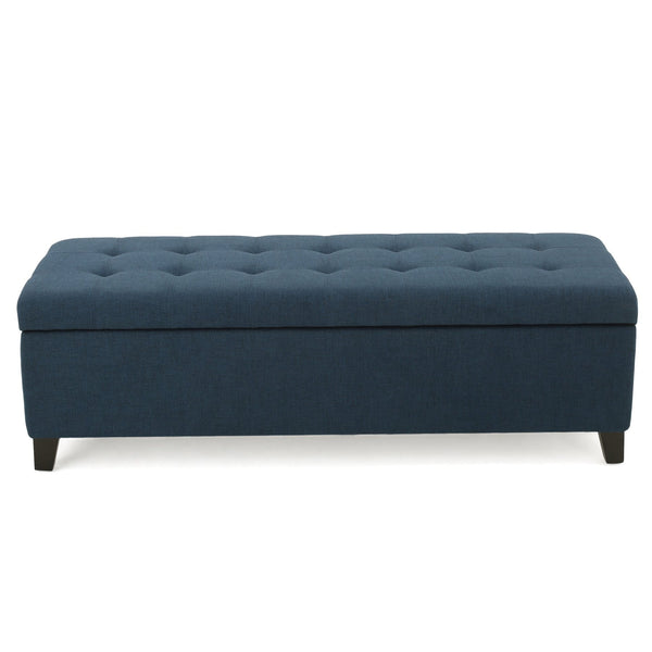 English Elm Upholstered Boucle Storage Bench Soft Close Flip Top Rubberwood Legs Bedroom Entryway Navy Blue N779P395018N