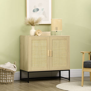English Elm HOMCOM Boho Accent Cabinet with Rattan Doors, Adjustable Shelf, Anti-Tip Metal Base Sideboard Natural W2225P217398