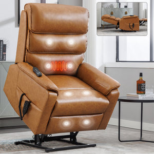 English Elm Dual Motor Power Lift Recliner with Massage Heat and 180 Degree Brown Lounge Chair Yellow Brown W1803S00061