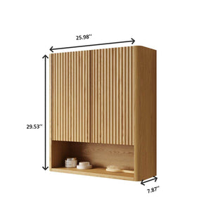 English Elm ZULA Solid Wood Door Over-The-Toilet Cabinet with Soft-Close Doors, Striped Curved Design, 32.7" Golden Oak W2615P380436