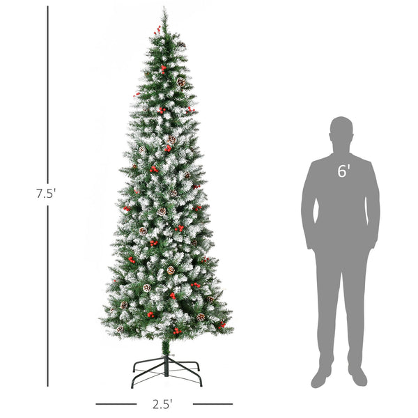 English Elm Homcom 7.5Ft Pre-Lit Snow-Dipped Christmas Tree With 350 Led Lights, Pine Cones & Red Berries Decor W2225P229435