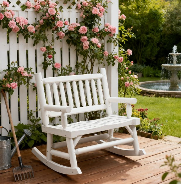 English Elm Heavy Duty Solid Fir Outdoor Loveseat Rocker with Log Style Frame for Porch Garden T3971P417951