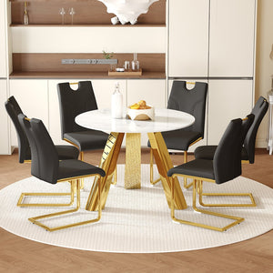 English Elm 42" Modern Luxury Round Sintered Stone Dining Set with Gold Metal Base & 4 Black PU Chairs, 42" Durable 5-Piece Contemporary Ensemble W1512S00122