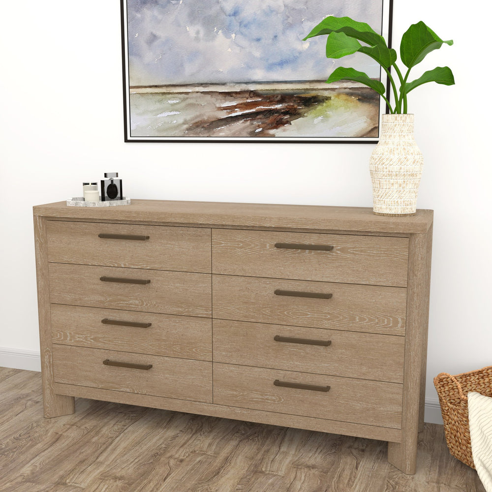 English Elm Wallace & Bay - Tan 8-Drawer Dresser Sand Dune Style — Contemporary Wood Storage, Easy-Care 64"W x 37"H Design B361P384427