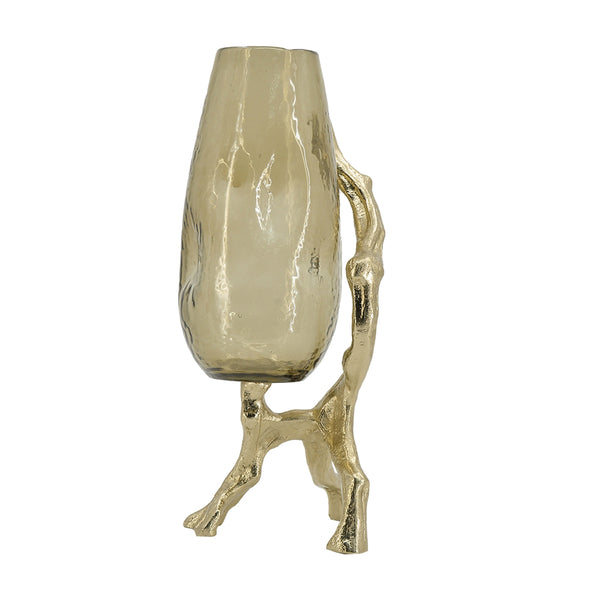 English Elm 9x7x18" Sculptural Gold Glass Vase with Splayed Aluminum Legs for Glam Interiors W2078P490402
