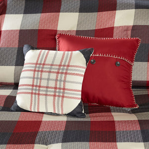 JLA Home Madison Park - 7 Piece Herringbone Comforter Set Buffalo Plaid Lodge Style with Embroidered Pillows & Bed Skirt, Cozy Texture Red MP10-4670