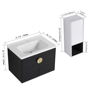 English Elm 28" Wall-Mounted Bathroom Vanity & Ceramic Sink With Side Cabinet, Soft-Close Doors For Modern Homes W999S00329