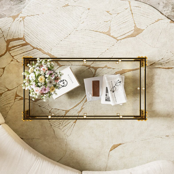 English Elm Modern Glam Rectangular Coffee Table with Mirrored Top Gold Sculptural Frame Open Shelf Transparent N735P380099K
