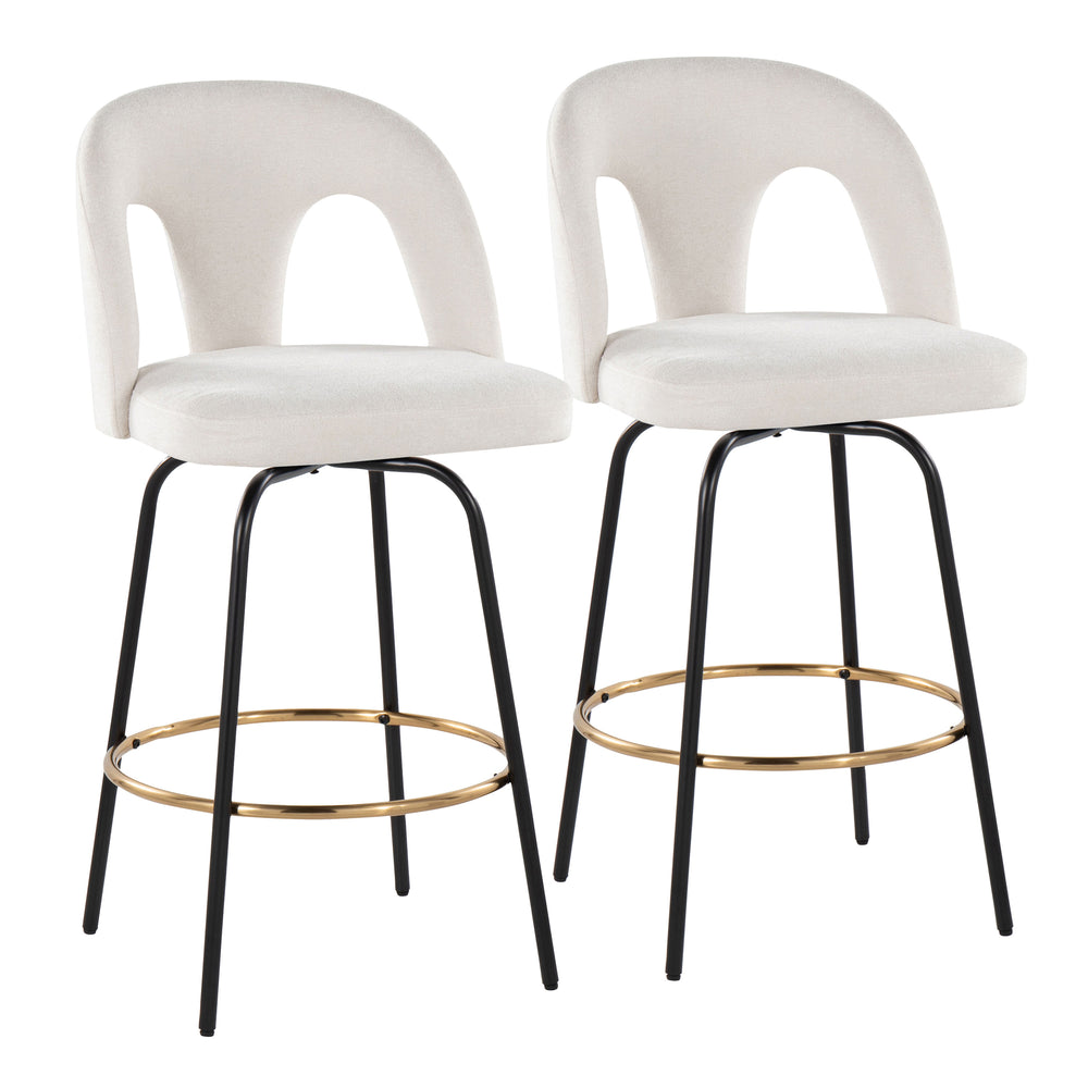 English Elm Fixed-height Swivel Counterstools with White Upholstery Gold Footrest Set of 2 B202S01784