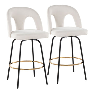 English Elm Fixed-height Swivel Counterstools with White Upholstery Gold Footrest Set of 2 B202S01784
