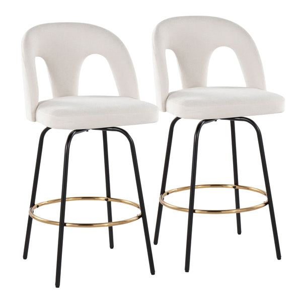English Elm Fixed-height Swivel Counterstools with White Upholstery Gold Footrest Set of 2 B202S01784