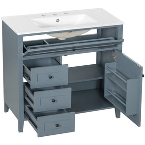 English Elm 36-Inch Blue Gray Modern Bathroom Vanity With Durable Rubberwood Cabinet, Sink & 3 Drawers For Storage N725P350821E