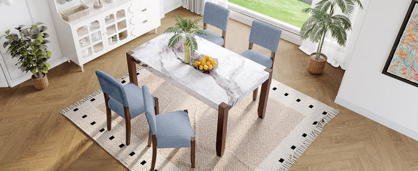 English Elm 5-Piece Counter Height Dining Set with Faux Marble Top and Upholstered Seats, Mid-Century Pub Charm Gray,White N752S000885E