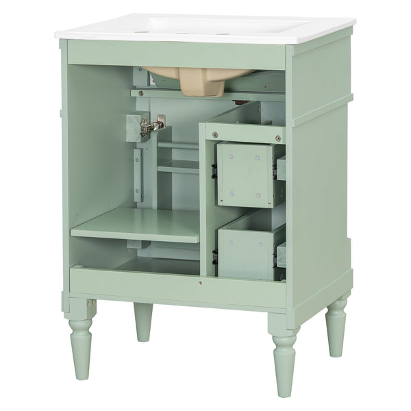 English Elm 24 Inch Freestanding Vanity with Ceramic Sink Rubberwood Frame Matte Finish Storage Green N725P356058F