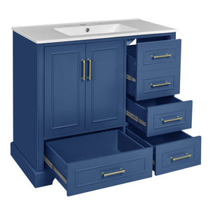 English Elm 36" Traditional Bathroom Vanity with Ceramic Sink, Solid Wood Cabinet, Soft-Close Doors & Drawers Blue N729P251630C