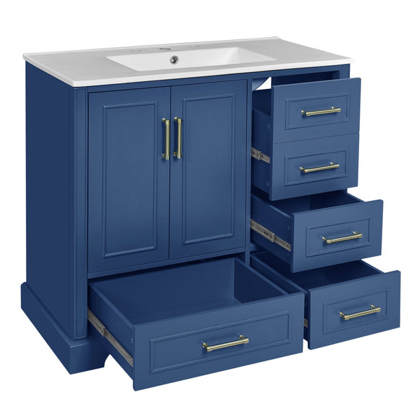 English Elm 36" Traditional Bathroom Vanity with Ceramic Sink, Solid Wood Cabinet, Soft-Close Doors & Drawers Blue N729P251630C
