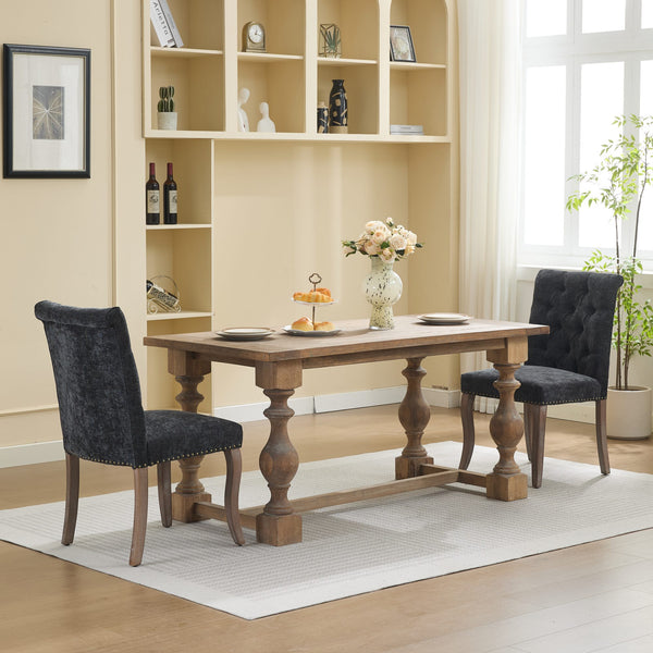 English Elm Upholstered Chenille Tufted Dining Chairs Set of 2 with Curved Wood Legs Club Style Black W1143P457781