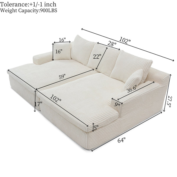 English Elm 102" Oversized Sectional Double Lounge Chaise - Plush Corduroy Cloud Sofa Bed, No Assembly, Cozy Modular Comfort W1117S00252