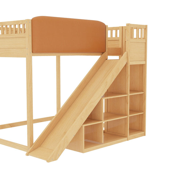 English Elm Queen Loft Bed with Upholstered Headboard Built-in Slide and Open Storage Shelves Natural W1580S00308