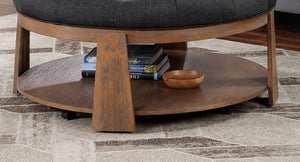 English Elm Round Wire-Brushed Coffee Table 40¾" Dia Rustic Natural Tone with Button-Tufted Padded Seat & Open Shelf B2741P360142