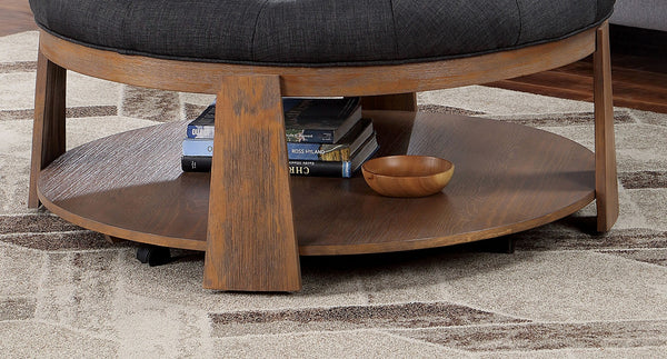 English Elm Round Wire-Brushed Coffee Table 40¾" Dia Rustic Natural Tone with Button-Tufted Padded Seat & Open Shelf B2741P360142